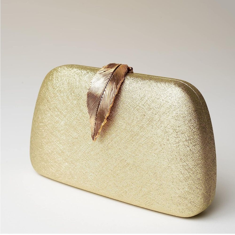 Gold Evening Crossbody Clutch Purse with Gold Leaf Snap Luxury Vegan Leather - Picture 4 of 4
